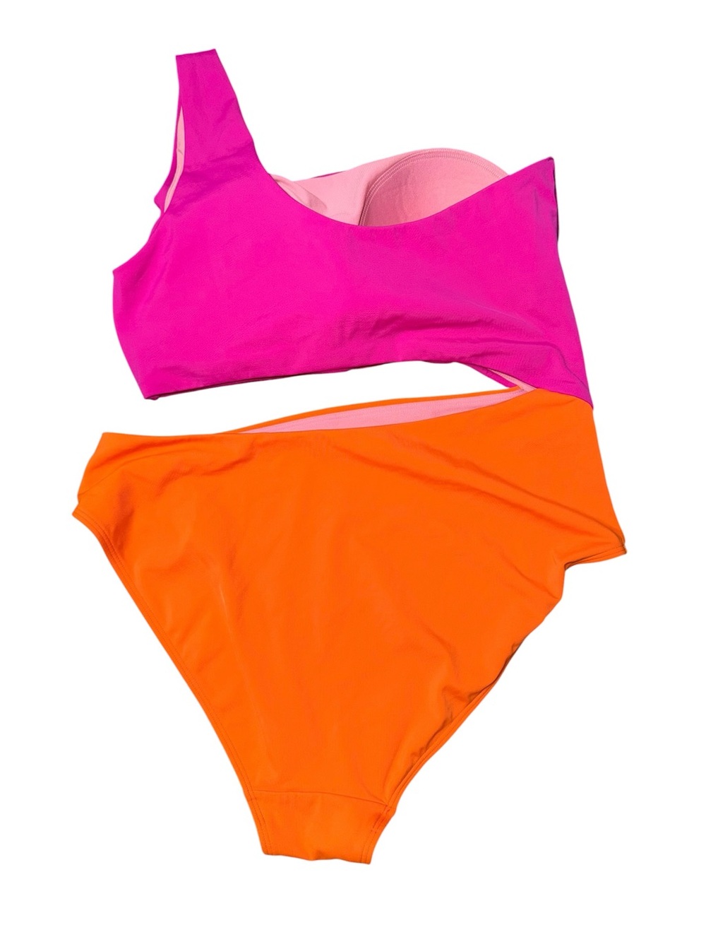 Boden One Shoulder Cut Out Swimsuit Hot Pink Bright Orange Colorblock Sz 12 - Picture 5 of 11